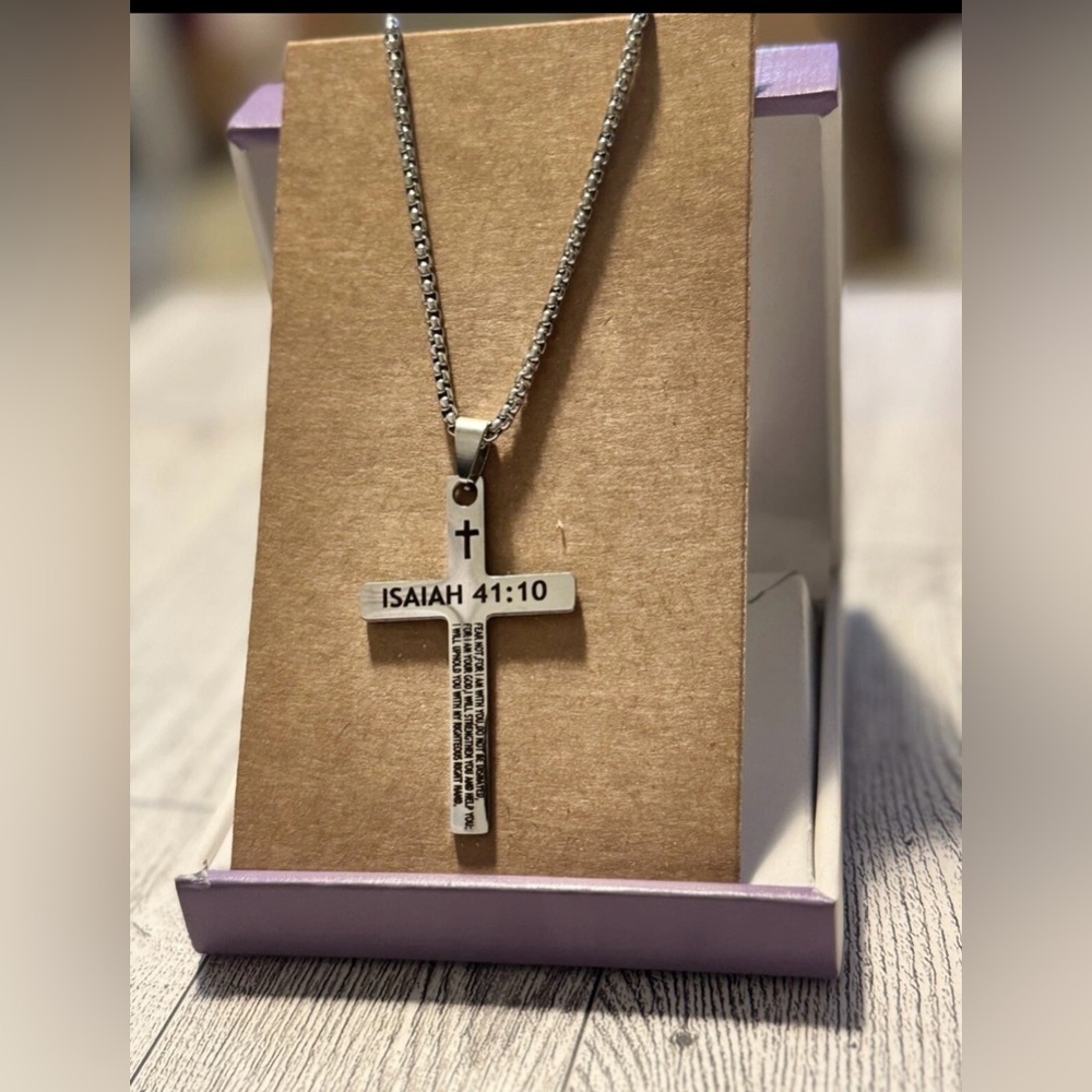 Stainless Steel Cross Necklace with Bible Verse Isaiah 41:10 Christian Jewelry